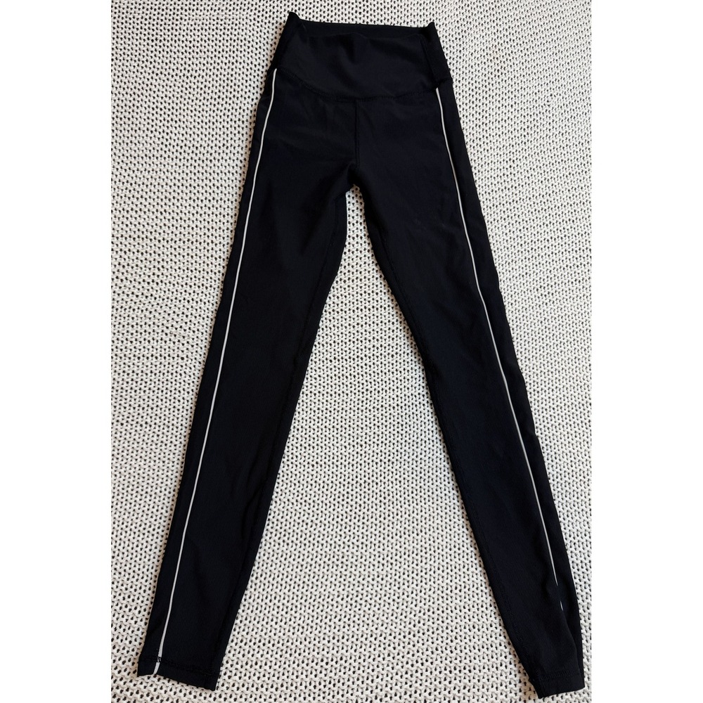 WILO THE LABEL Womens XS Black Ribbed Leggings White Piping High Waist Athletic